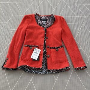NEW Zara Jacket Cardigan Size XS Red Tweed with Black Piping Metal Buttons‎